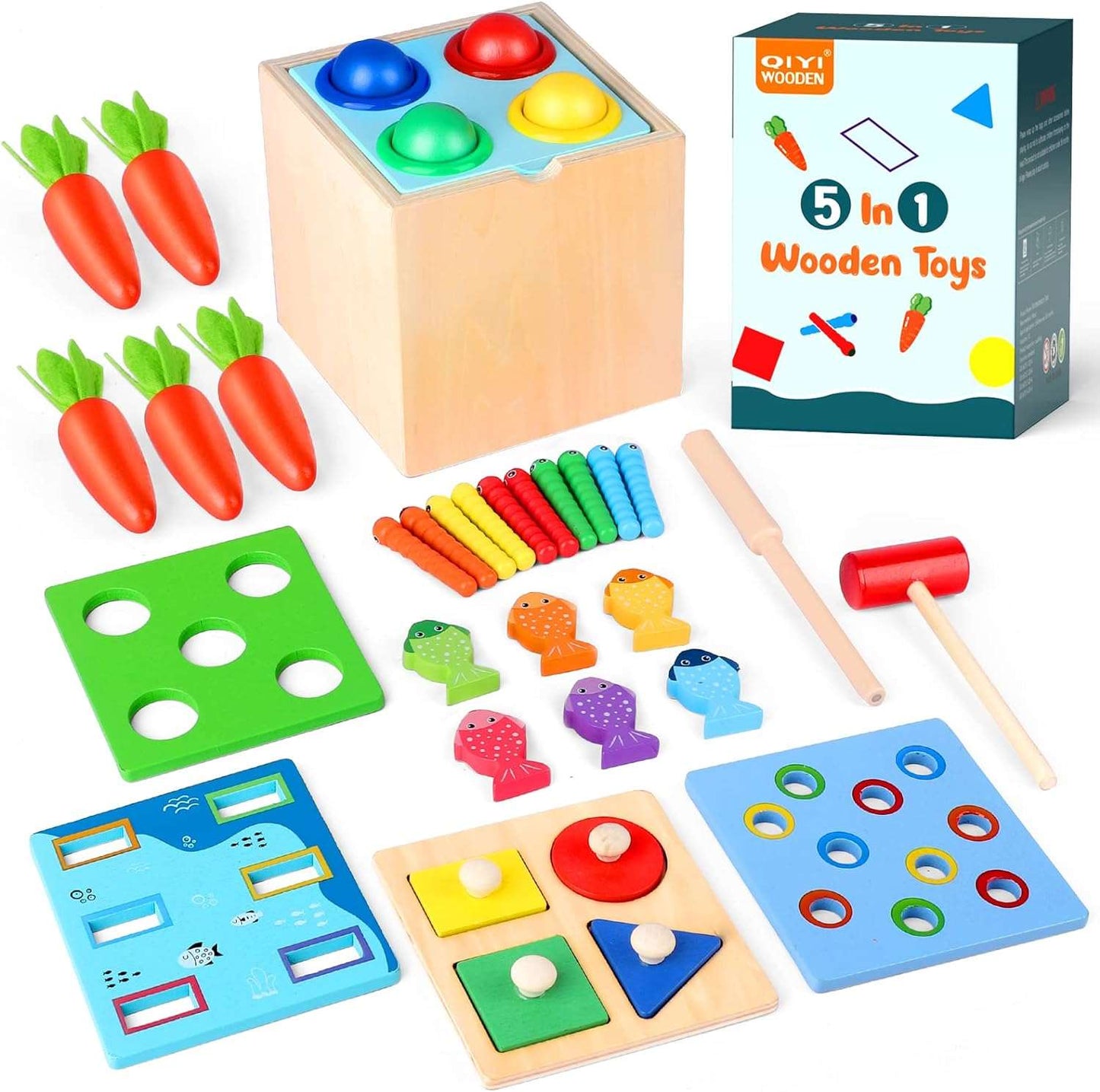 PlayCube™ 5 in 1 Montessori Activity Box with Sorting Fishing and Hammer Play