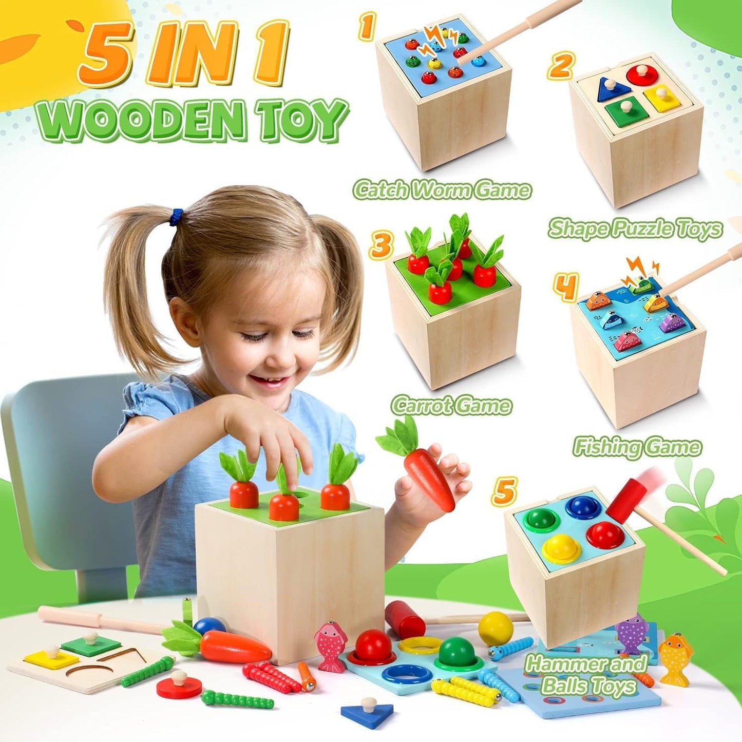 PlayCube™ 5 in 1 Montessori Activity Box with Sorting Fishing and Hammer Play