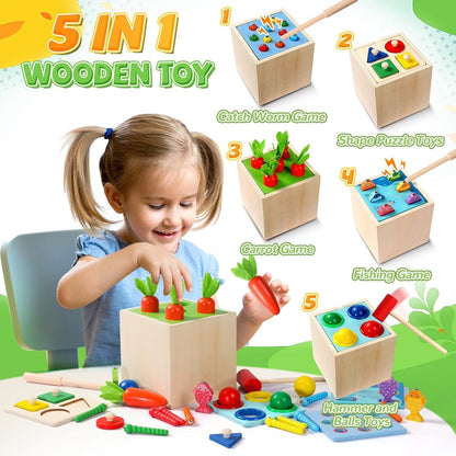 PlayCube™ 5 in 1 Montessori Activity Box with Sorting Fishing and Hammer Play