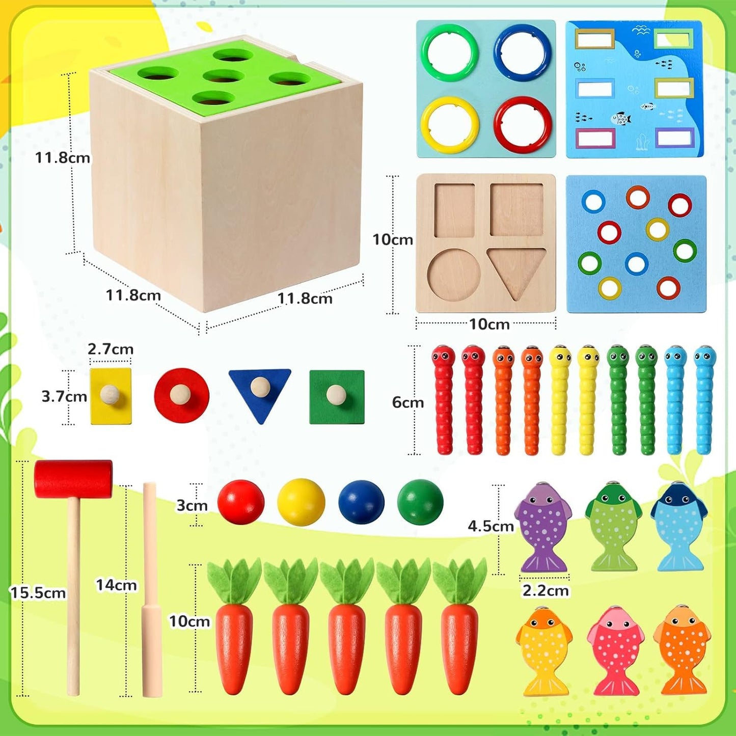 PlayCube™ 5 in 1 Montessori Activity Box with Sorting Fishing and Hammer Play