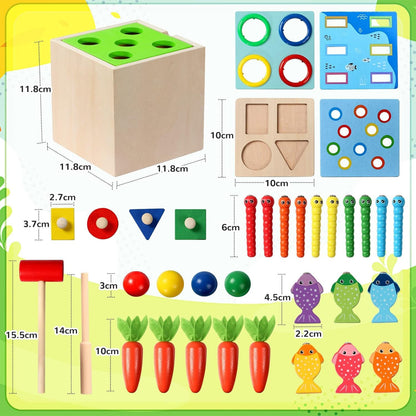 PlayCube™ 5 in 1 Montessori Activity Box with Sorting Fishing and Hammer Play