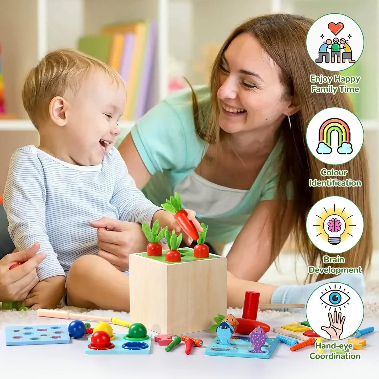 PlayCube™ 5 in 1 Montessori Activity Box with Sorting Fishing and Hammer Play